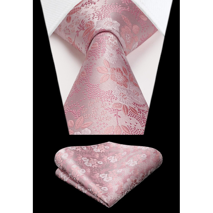 Краватка чоловіча HISDERN 160 см з кишеньковим хустинкою. Шовкова краватка для весілля та ділових зустрічей. Елегантний дизайн (E Рожеві квіти)