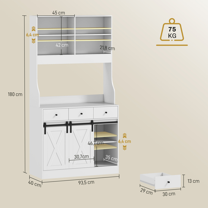 HOMCOM Kitchen Cabinet, Tall Cabinet with Worktop, Buffet Cabinet with Sliding Doors, 3 Drawers, Adjustable Shelves, Storage Cabinet for Kitchen Dining Room 93.5x40x180 cm White | Aosom