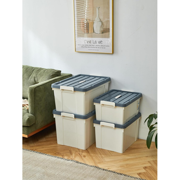 Cetomo Plastic Storage Box - Box with Durable Lid and Safety Closure, Stackable and Nestable, 3-Pack, White (65L * 6)