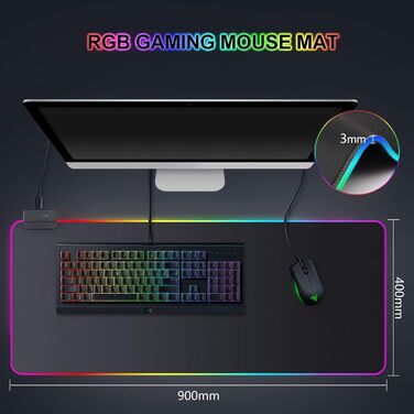 Килимок для миші ігровий RGB 800x300 мм XXL, великий, з 14 режимами підсвічування, 7 LED кольорами, вологостійкий, з антиковзким покриттям для ПК, професійний геймер, чорний