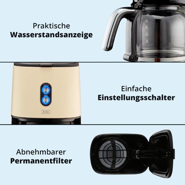 Набір для сніданку KHG: чайник та тостер, кремово-бежевий, ретро-стиль, 1.7л, 2 тости, 360° обертання, кнопка відкривання, індикатор, регулювання ступеня підсмажування, функції підігріву та розморожування (комплект з кавоваркою)