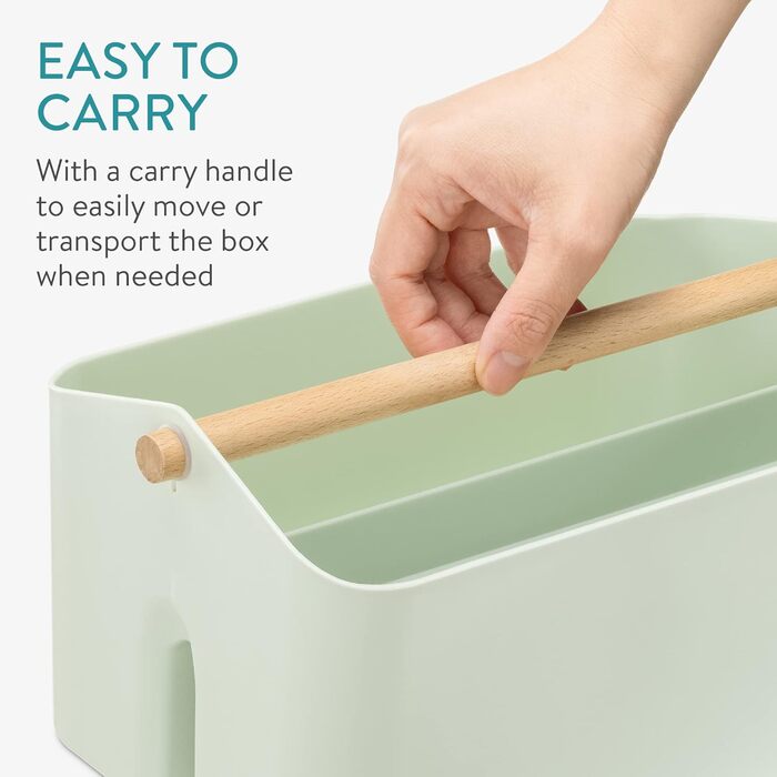 Navaris Storage Box with Wooden Handle - 2 Compartment Box Organizer for Bathroom Kitchen - Basket Storage for Cutlery Cleaning Supplies Portable Small - mint green