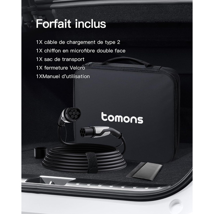 Кабель зарядки Tomons для електромобілів, 32A, 3-фазний, Тип 2, з чохлом та мікрофіброю, сумісний з Tesla Model S/3/X/Y, Volkswagen ID.3, ID.4 (22kW, 7м)