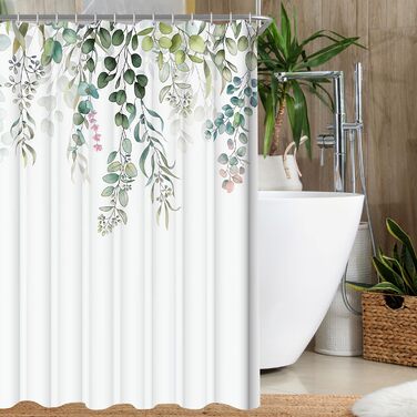 Штора для душу 200x200 см, зелені листки, антигрибкова, водовідштовхувальна, текстильна, поліестер, з кільцями (12 шт.) для ванної кімнати