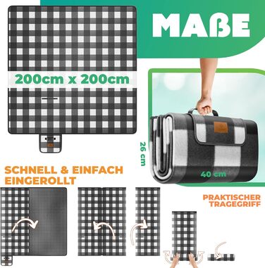 KESSER® Picnic Blanket Camping Blanket XXL 200 x 200 cm - Warm Insulated with Waterproof Bottom, Carrying Handle, Foldable Beach Blanket, Picnic Blankets for 4-6 People, Washable Picnic Blanket (Black / White)