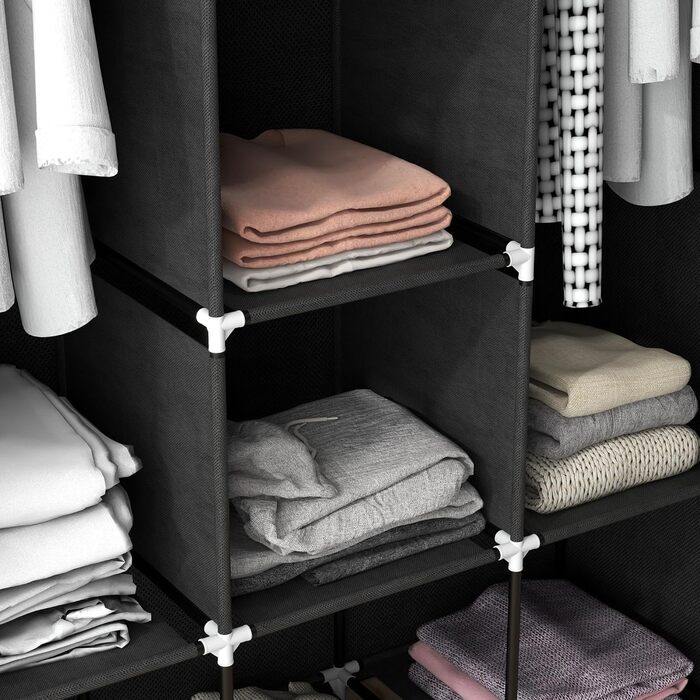 HOMCOM Wardrobe Fabric Closet with Drawers, Hanging Rail and Zipper, Fabric Clothes Closet Folding Wardrobe for Bedroom, Dressing Room, 102 x 42.5 x 162.5 cm, (Black, 125L x 43W x 162.5H cm)