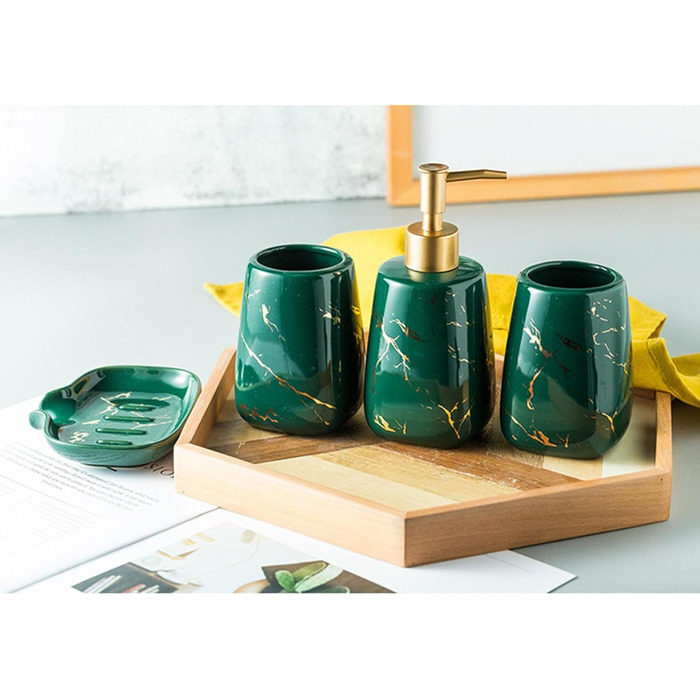 Набір аксесуарів для ванної кімнати 4 шт. сірий, з дозатором мила, мильницею та склянками для зубних щіток, з малюнком 