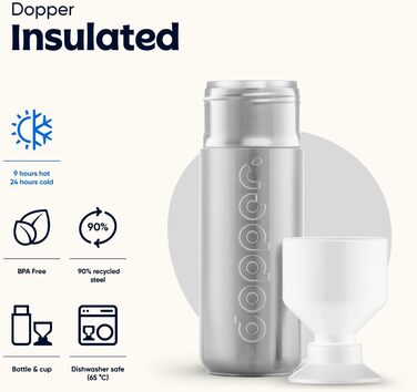 Dopper 580ml Insulated Stainless Steel Thermos Bottle - Leakproof, Keeps Drinks Cold for 24h/Hot for 9h - Silver