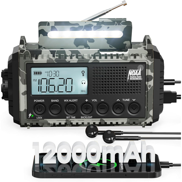Радіо Roxicosly з ручним приводом, аварійне радіо з Power Bank, AM/FM/SW радіо, радіо з ручним приводом та 5 функціями, світовий приймач, ліхтарик та зарядний пристрій, для відпочинку на природі, кемпінгу та походів (Сірий камуфляж, 12000mAh)