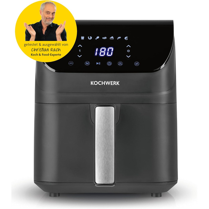 Фритюрниця повітряна RACHS KOCHWERK Vario-Doppelkammer 9 л з роздільною камерою, сенсорним екраном та 8 програмами | Без олії, для здорового харчування, 2700 Вт, Smart-Cook функція (Сірий, 4 літри)