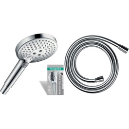 hansgrohe Raindance Select S - water-saving showerhead 9 l/min (EcoSmart), hand shower with 3 spray patterns, round shower head (⌀ 120 mm), water-saving showerhead with anti-limescale function, (water-saving showerhead (9 l/min) + hose, Chrome, water-saving showerhead (9 l/min) + hose)
