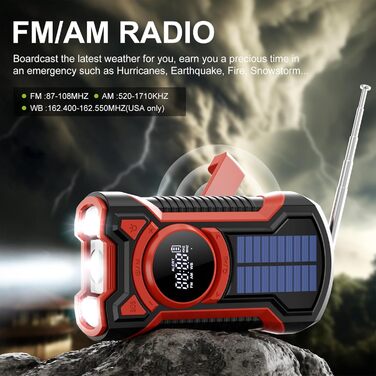 Радіо на сонячній батареї та ручному приводі Gemmac 5000mAh з Bluetooth, USB AM/FM, Power Bank, SOS-сигналом та ліхтариком - для кемпінгу та виживання (Червоне)