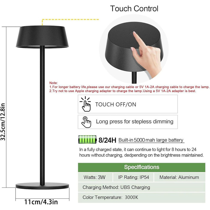 Акумуляторна LED настільна лампа Klighten з димером, сенсорна, металева (алюміній), IP54, тепле світло 3000K, антрацит