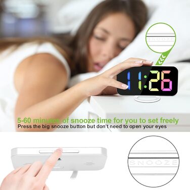 Цифровий годинник SZELAM з LED-дзеркалом 7 дюймів, 2 USB-порти, функція відкладання, автоматичне регулювання яскравості, для дому (білий)