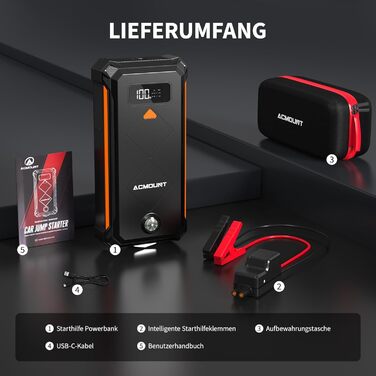Powerbank для автомобіля Starthilfe 7000A 23800mAh помаранчевий - пусковий пристрій, зарядний пристрій, ліхтарик LED для авто, мото, бензин/дизель