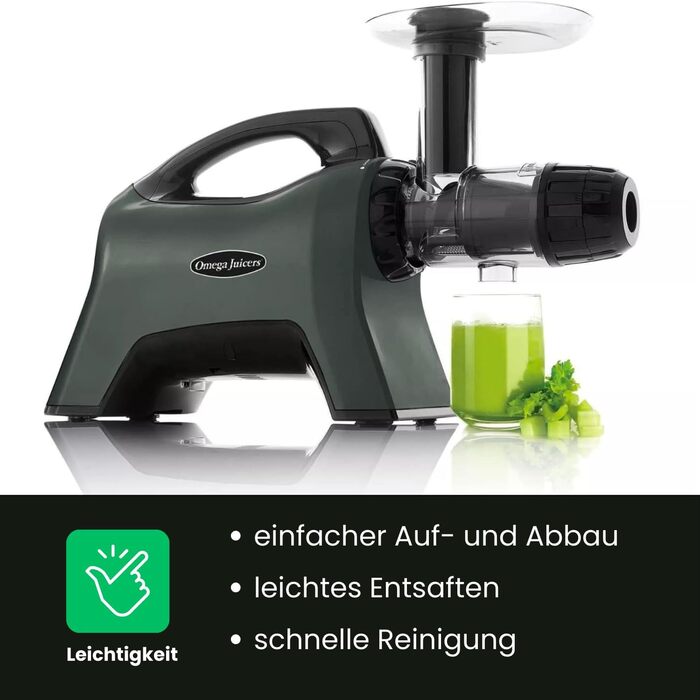 Omega Juicers MM1500 - three-stage screw press with a unique celery cap for maximum juice yield of 1.5 L - Ideal for making fruit and vegetable purees, sorbets, plant-based drinks, and includes a lot of accessories.