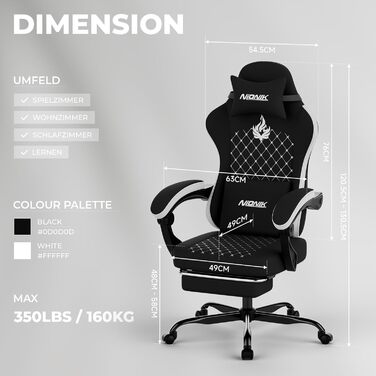 Геймерське крісло Ergonomic з підставкою для ніг та підтримкою спини, регульоване, для дому, офісу, кіберспорту (чорно-біле)