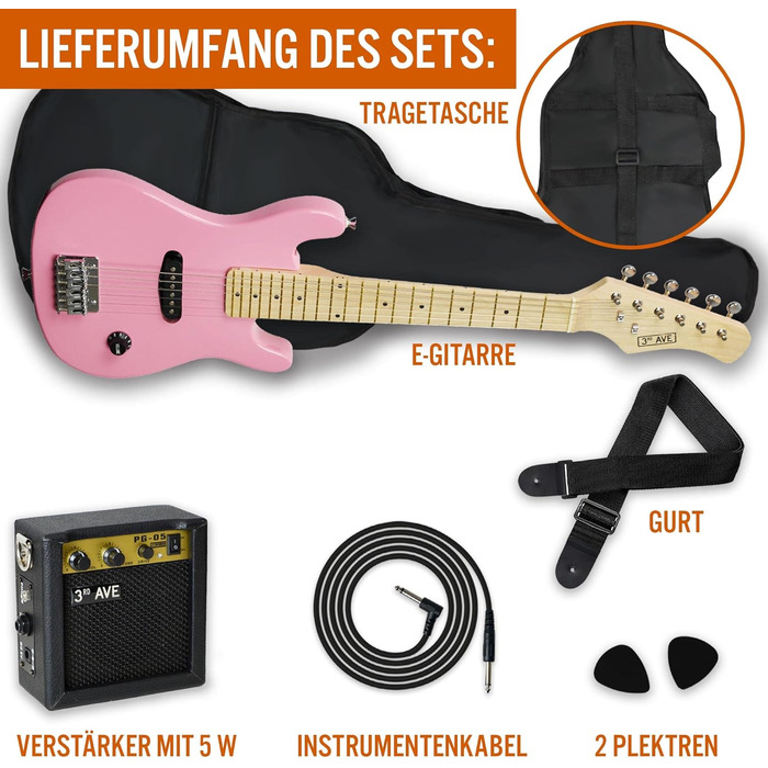 Електрогітара 3rd Avenue для дітей, 1/4 розміру - комплект для початківців з підсилювачем, чохлом, кабелем, медіатором та ремінком (рожевий)