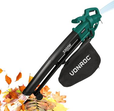 VONROC Electric Leaf Blower 3300W - 3-in-1 Leaf Collector Function - Blow 270km/h, Vacuum, Shred - Includes 40L Collection Bag