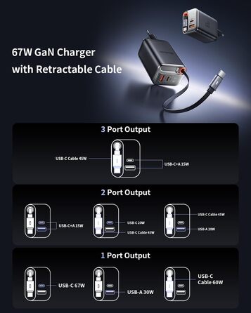 Мсдодо зарядний пристрій USB-C 67W з висувним кабелем, мережевий адаптер, швидка зарядка GaN, 3 порти, LED дисплей, чорний