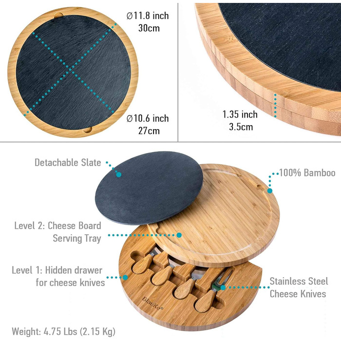 Bamboo Cheese Board with Cheese Knife Set and Slate Plate – Wooden Serving Platter for Cheese and Appetizers – 30cm Rotating Cheese Board – Round Serving Board – Cheese Board Charcuterie Board