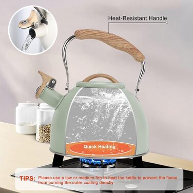 Чайник для плити Vegoran 3 л з гучним свистком, нержавіюча сталь з дерев'ястим декором, з кришкою-захопленням, для чаю, кави, молока (зелений)