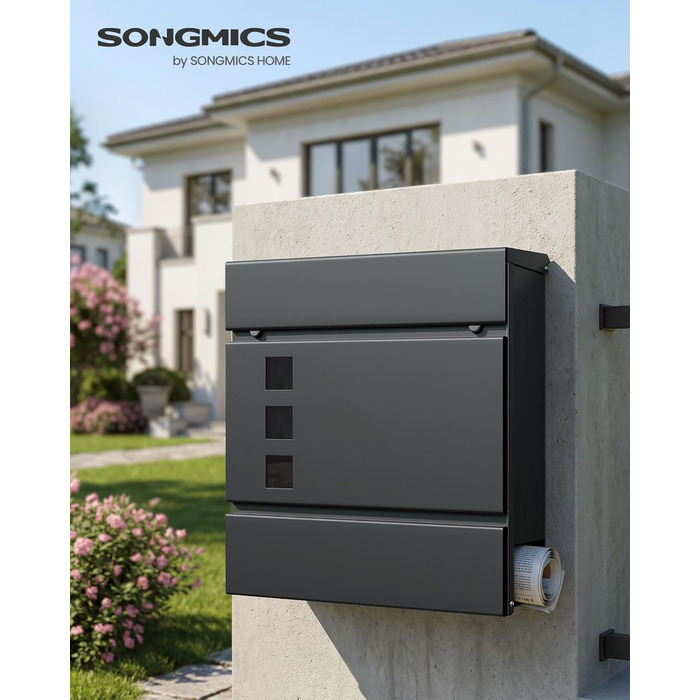 Поштовий ящик SONGMICS XXL з газетницею, антрацит, 37x37x10.5 см, з ключем, захист від реклами, сучасний, для дому та саду