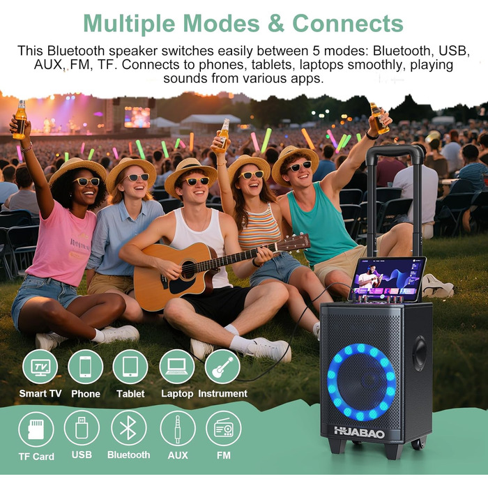 Bluetooth-портативна акустика для караоке з 2 мікрофонами, 11 динаміків, акумулятором 8800mAh, ручкою-тележкою та підсвічуванням. FM/AUX/USB/TF, регулювання басів та високих частот (A113)