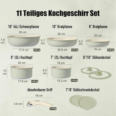 Набір посуду з антипригарним покриттям 11 предметів з знімними ручками: набір каструль та сковорідок для індукційних, газових плит, духовки та посудомийної машини, без PFAS (зелений)
