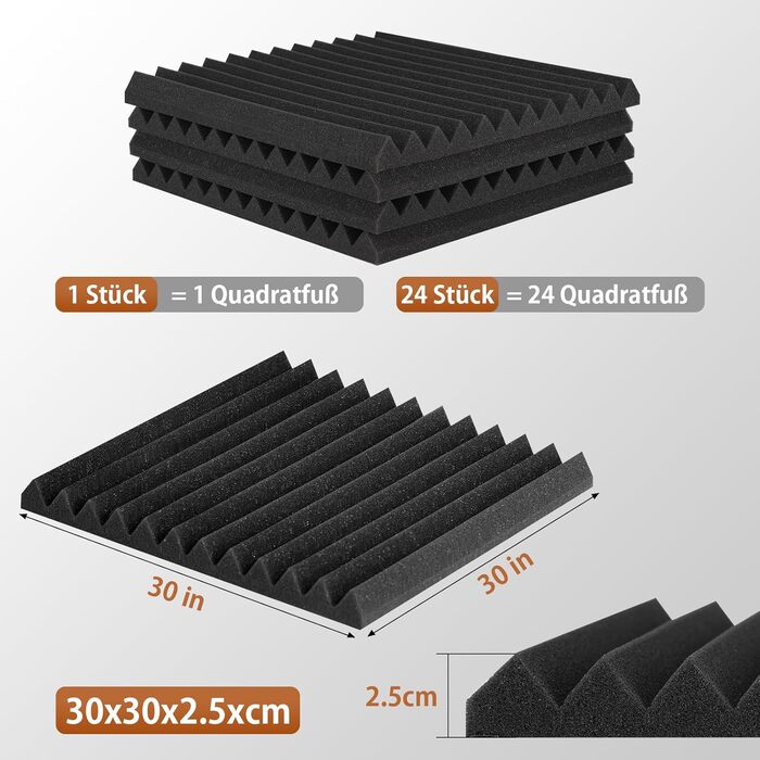 Акустичний поролон для звукоізоляції самоклеючий, пірамідні панелі 30x30x2.5 см, набір 24 шт. для студії, офісу та стелі