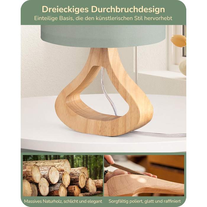 Дерев'яна настільна лампа EDISHINE з абажуром з льону, Е27, для вітальні, спальні, в стилі кантрі [Енергоклас F], колір: зелений льон