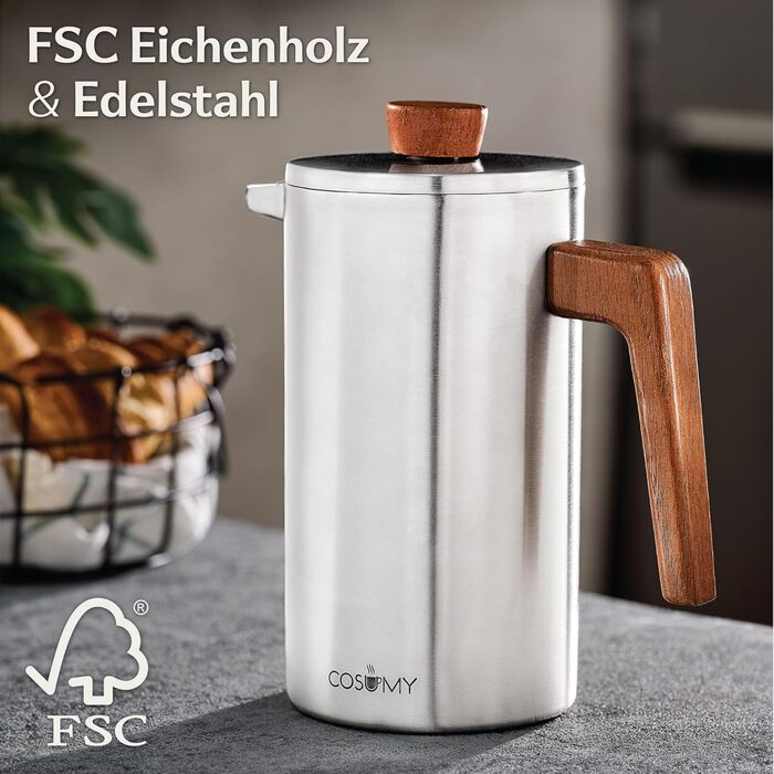 Френч-прес Cosumy з нержавіючої сталі та дерева FSC, 1 літр, з подвійними стінками для термоізоляції, великий заварник для кави з 2 змінними фільтрами