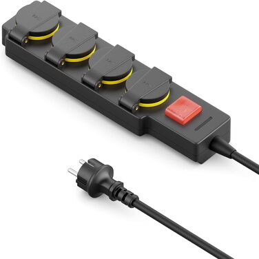 deleyCON Розподільник розеток на 4 розетки для вулиці зі шнуром 5м, IP44, вологозахищений, для саду, тераси, балкону, гаража (5м, з вимикачем)