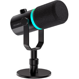 FEELWORLD PM1 Динамічний мікрофон XLR/USB з RGB-підсвічуванням для запису подкастів, геймінгу та YouTube. Комплект з підсвічуванням, навушником, підставкою та XLR-кабелем