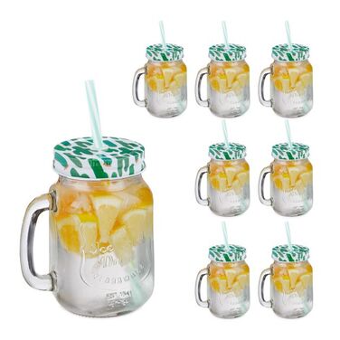 Relaxdays Set of 8 Drinking Glasses with Lid Cactus