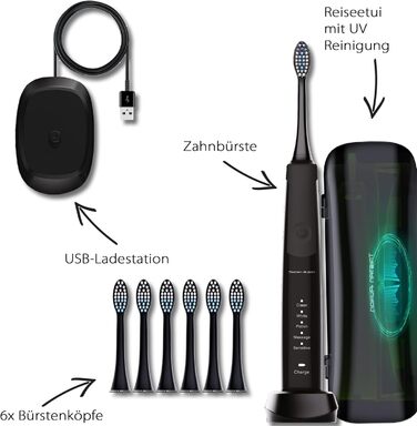 Електрична зубна щітка Tristan Auron SonicMaster - 55 000 вібрацій, 5 режимів, 60 днів акумулятора, UV-стерилізатор, 6 насадок, чорний колір