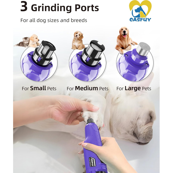 Електричний точилка для кігтів собак Casfuy - 6 режимів, 45 dB, з LED-підсвіткою, для великих, середніх та маленьких собак, з захистом від пилу (білий, фіолетовий)