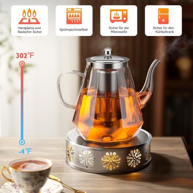 Скляний чайник STNTUS з підігрівачем та ситечком для листового чаю, 1.2 л, нержавіюча сталь
