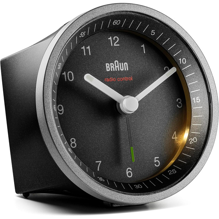 Braun Classic Analog Radio Alarm Clock, Central European Time Zone (CET/GMT+1) with Snooze Function and Illumination, Silent Movement, Crescendo Alarm, Black and Silver, Model BC07SB-DCF.