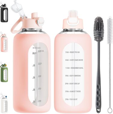 2 Liter Glass Drinking Bottle, 2L Glass Bottle, Glass Water Bottle with Straw, Bottle Brush (Pink)