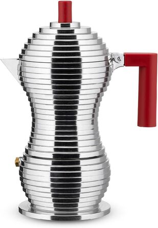 Alessi MDL02/3RFM Pulcina Espresso Machine - Cast Aluminum. Handle and Button - PA, red. Magnetic Bottom - 3 Cups