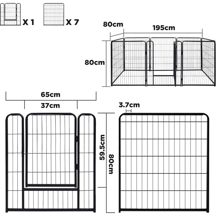Кізовод для цуценят/кошенят/кроликів: металевий загон 65x80 см, чорний, 8-секційний (для внутрішнього та зовнішнього використання)