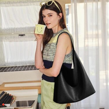 Сумка жіноча KALIDI Shopper Hobo з PU шкіри, чорна, велика для роботи, школи, повсякденна з кнопкою