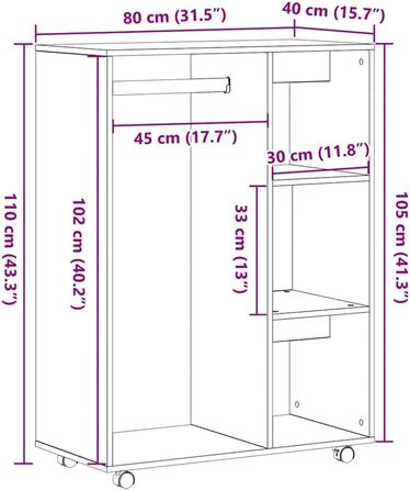 vidaXL Wardrobe with Open Shelf, 3 Side Shelves, Wheels, Coat Rack, Wardrobe, Bedroom Wardrobe, White, 80x40x110cm, Wood-Based Material (Black Oak)