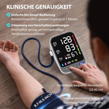 Тонометр WAJ для вимірювання артеріального тиску на плечі з великою манжетою (22-42 см) | LED-дисплей 6,4 дюйма | Виявлення аритмії | 2×120 місць пам'яті | Вимірювання пульсу | Білий