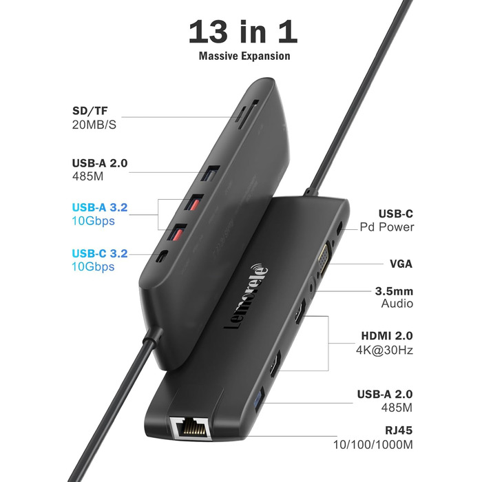 Док-станція Lemorele 13-в-1: USB-C/A, 10Gbps, 3 монітори, 2 HDMI 4K, Ethernet, 4 USB 3.2/2.0, VGA, Type-C 3.1, PD 100W, Audio, SD/TF, для Windows, MacBook