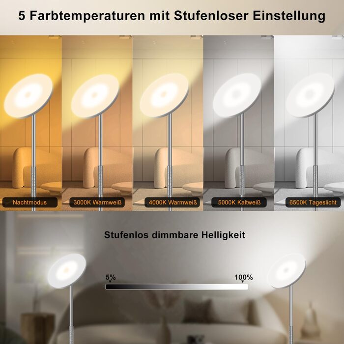 Стеляна LED-лампа Stehlampe для вітальні, 4200LM з регулюванням яскравості, пультом та сенсорним керуванням, 36W, сірий колір