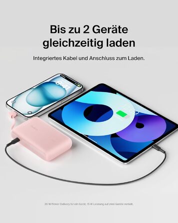 Повербанк Belkin BoostCharge 10000mAh з вбудованим кабелем USB-C, 20W, LED-індикатором, рожевий