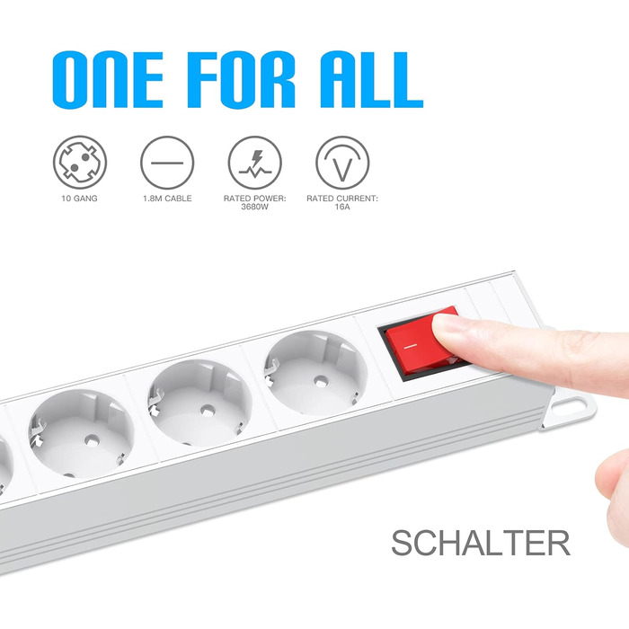 Мережевий фільтр 10 розеток з захистом від перенапруги, з вимикачем та поворотними кріпленнями, металевий корпус (білий)