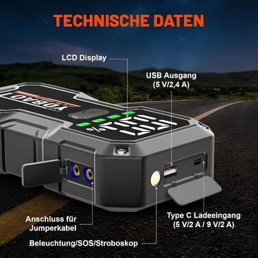 Powerbank для автомобіля 8000A, пусковий пристрій для акумулятора 12V з LED-дисплеєм та клемами, бустер для бензину/дизеля (до 10л), чорний